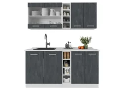 Vicco R-Line Mini-Küche Schwarz Beton/Weiß 160 cm ohne Arbeitsplatte ohne E-Geräte