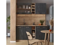 Vicco R-Line Mini-Küche Schwarz Beton/Goldkraft Eiche 160 cm AP Marmor ohne E-Geräte