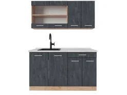 Vicco R-Line Mini-Küche Schwarz Beton/Goldkraft Eiche 140 cm AP Marmor ohne E-Geräte