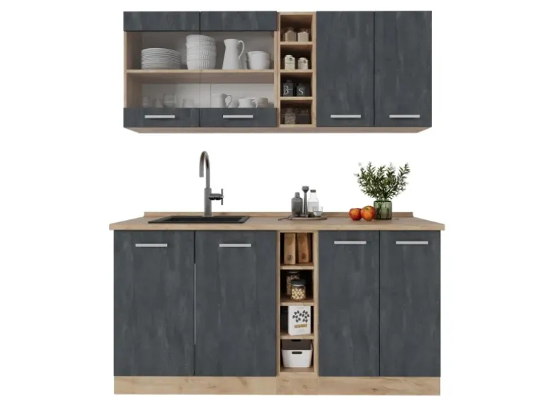 Vicco R-Line Mini-Küche Schwarz Beton/Goldkraft Eiche 160 cm ohne Arbeitsplatte ohne E-Geräte