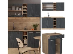 Vicco R-Line Mini-Küche Schwarz Beton/Goldkraft Eiche 160 cm ohne Arbeitsplatte ohne E-Geräte