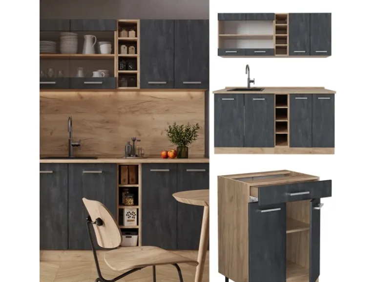 Vicco R-Line Mini-Küche Schwarz Beton/Goldkraft Eiche 160 cm ohne Arbeitsplatte ohne E-Geräte