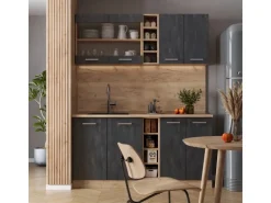 Vicco R-Line Mini-Küche Schwarz Beton/Goldkraft Eiche 160 cm ohne Arbeitsplatte ohne E-Geräte