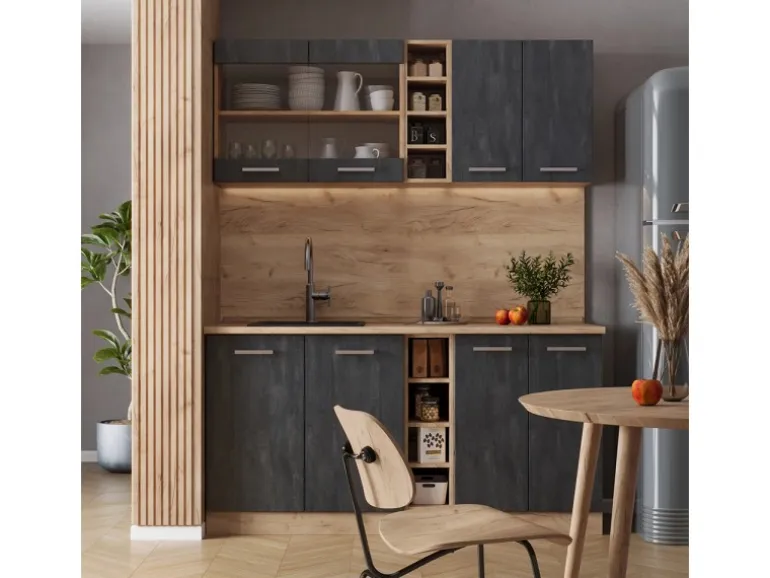 Vicco R-Line Mini-Küche Schwarz Beton/Goldkraft Eiche 160 cm ohne Arbeitsplatte ohne E-Geräte