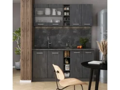 Vicco R-Line Mini-Küche Schwarz Beton/Anthrazit 160 cm AP Eiche ohne E-Geräte