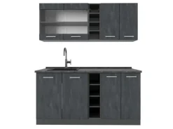 Vicco R-Line Mini-Küche Schwarz Beton/Anthrazit 160 cm ohne Arbeitsplatte ohne E-Geräte