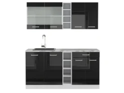 Vicco R-Line Mini-Küche Schwarz Hochglanz/Weiß 160 cm ohne Arbeitsplatte ohne E-Geräte