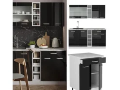 Vicco R-Line Mini-Küche Schwarz Hochglanz/Weiß 160 cm ohne Arbeitsplatte ohne E-Geräte