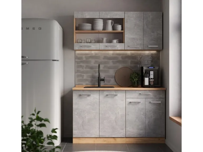 Vicco R-Line Single Küche Beton/Goldkraft Eiche 140 cm ohne Arbeitsplatte ohne E-Geräte