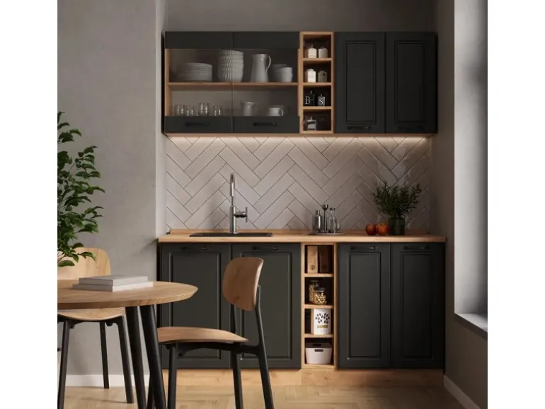 Vicco R-Line Singleküche Anthrazit Landhaus/Goldkraft Eiche 160 cm AP Marmor ohne E-Geräte