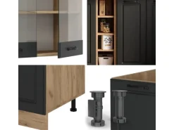 Vicco R-Line Singleküche Anthrazit Landhaus/Goldkraft Eiche 160 cm AP Marmor ohne E-Geräte