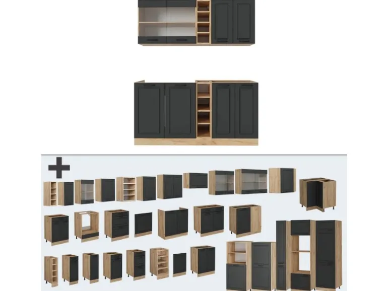 Vicco R-Line Singleküche Anthrazit Landhaus/Goldkraft Eiche 160 cm AP Marmor ohne E-Geräte