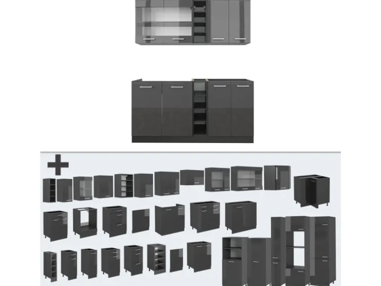 Vicco R-Line Singleküche Anthrazit Hochglanz/Anthrazit 160 cm AP Marmor ohne E-Geräte