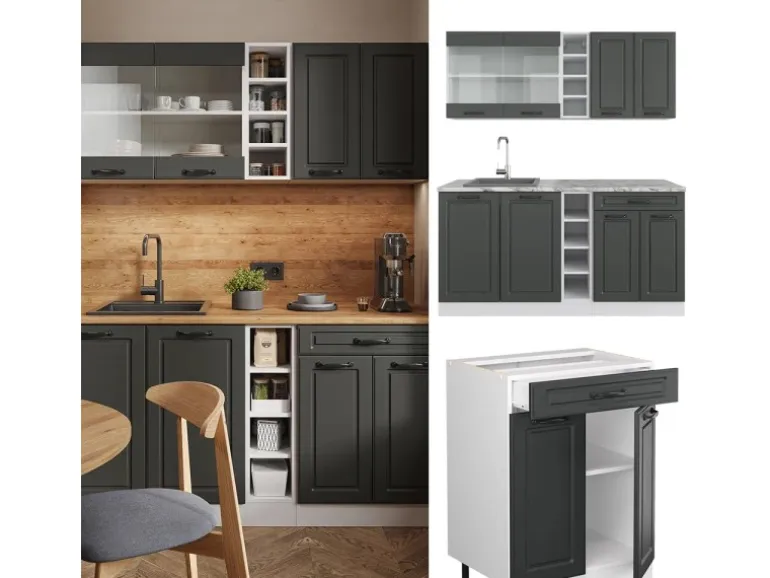 Vicco R-Line Singleküche Anthrazit Landhaus/Weiß 160 cm AP Eiche ohne E-Geräte