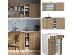 Vicco R-Line Singleküche Artisan Eiche/Weiß 160 cm AP Marmor ohne E-Geräte