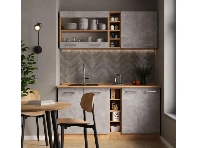 Vicco R-Line Singleküche Beton/Goldkraft Eiche 160 cm AP Eiche ohne E-Geräte