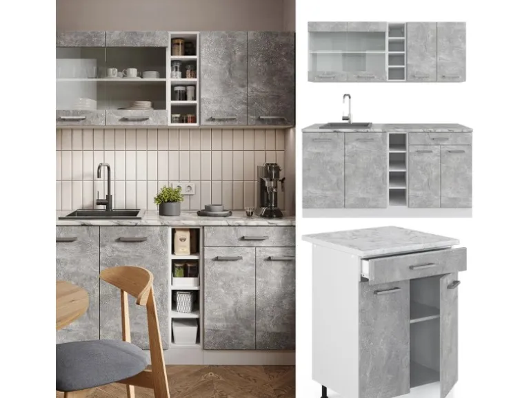 Vicco R-Line Singleküche Beton/Weiß 160 cm ohne Arbeitsplatte ohne E-Geräte