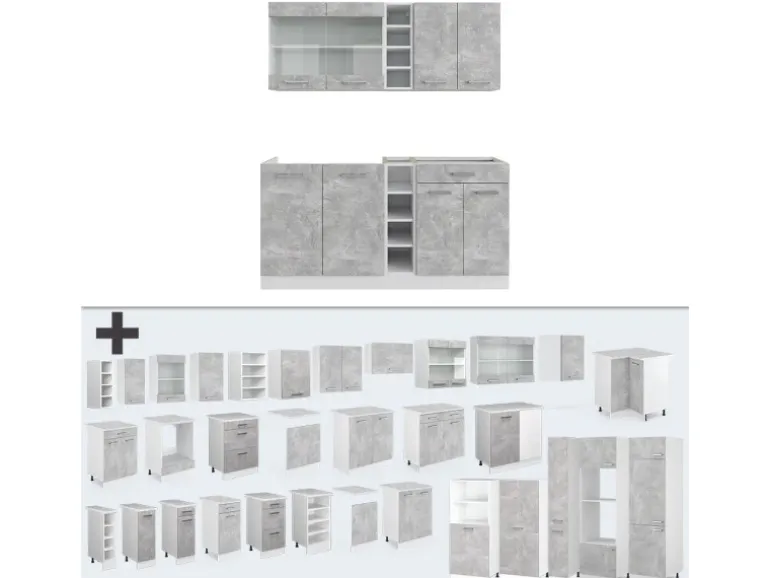 Vicco R-Line Singleküche Beton/Weiß 160 cm AP Marmor ohne E-Geräte