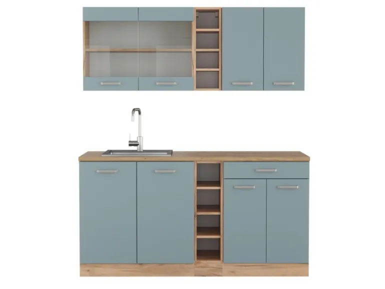 Vicco R-Line Singleküche Blau-Grau/Goldkraft Eiche 160 cm AP Eiche ohne E-Geräte