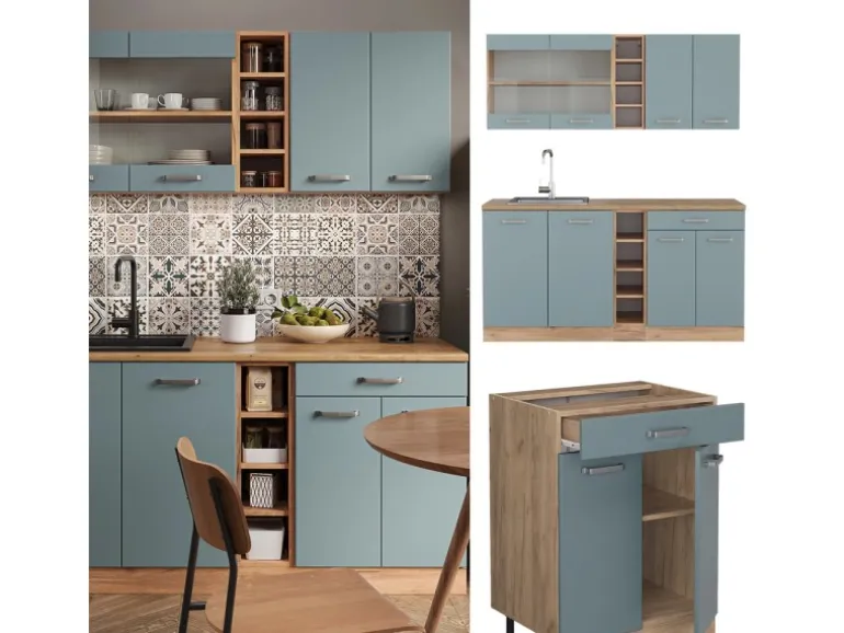 Vicco R-Line Singleküche Blau-Grau/Goldkraft Eiche 160 cm AP Eiche ohne E-Geräte