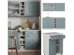 Vicco R-Line Singleküche Blau-Grau 160 cm AP Marmor ohne E-Geräte