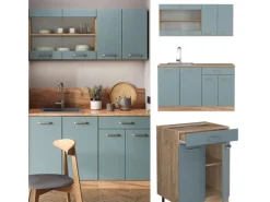 Vicco R-Line Singleküche Blau-Grau/Goldkraft Eiche 140 cm AP Anthrazit ohne E-Geräte