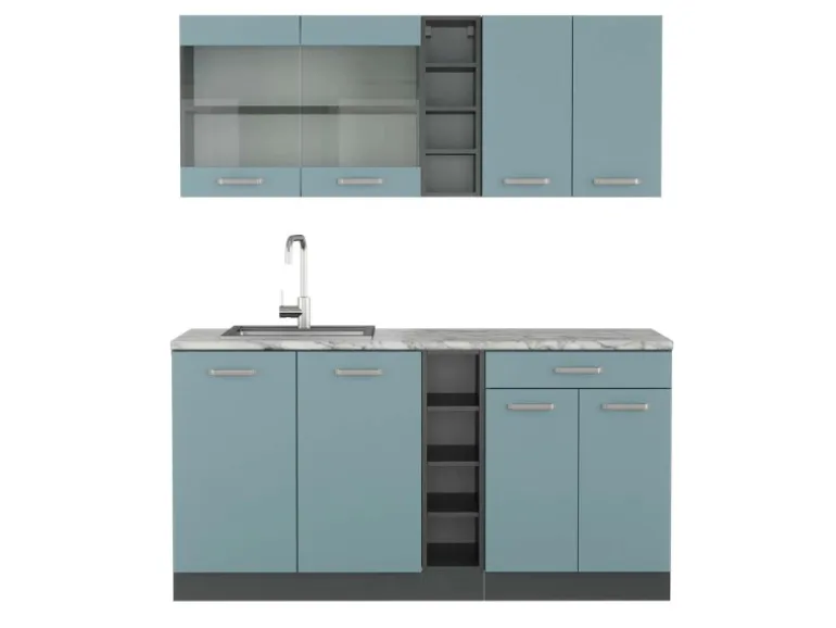 Vicco R-Line Singleküche Blau-Grau/Anthrazit 160 cm AP Marmor ohne E-Geräte