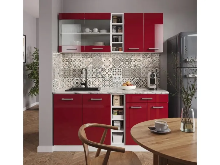 Vicco R-Line Singleküche Bordeaux Hochglanz/Weiß 160 cm AP Anthrazit ohne E-Geräte