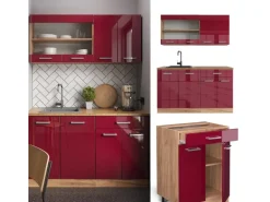 Vicco R-Line Singleküche Bordeaux Hochglanz/Goldkraft Eiche 140 cm ohne Arbeitsplatte ohne E-Geräte