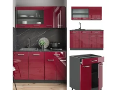 Vicco R-Line Singleküche Bordeaux Hochglanz/Anthrazit 140 cm AP Eiche ohne E-Geräte