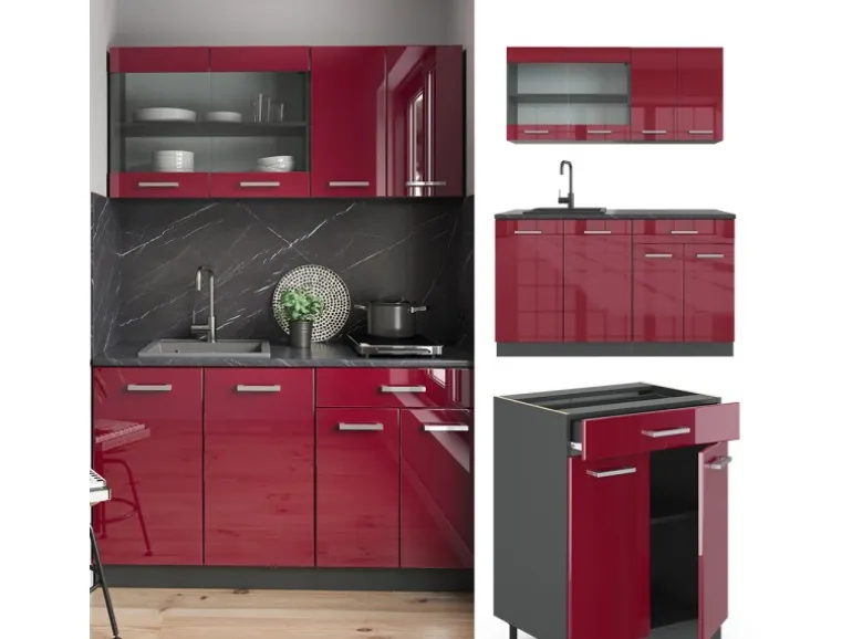 Vicco R-Line Singleküche Bordeaux Hochglanz/Anthrazit 140 cm ohne Arbeitsplatte ohne E-Geräte
