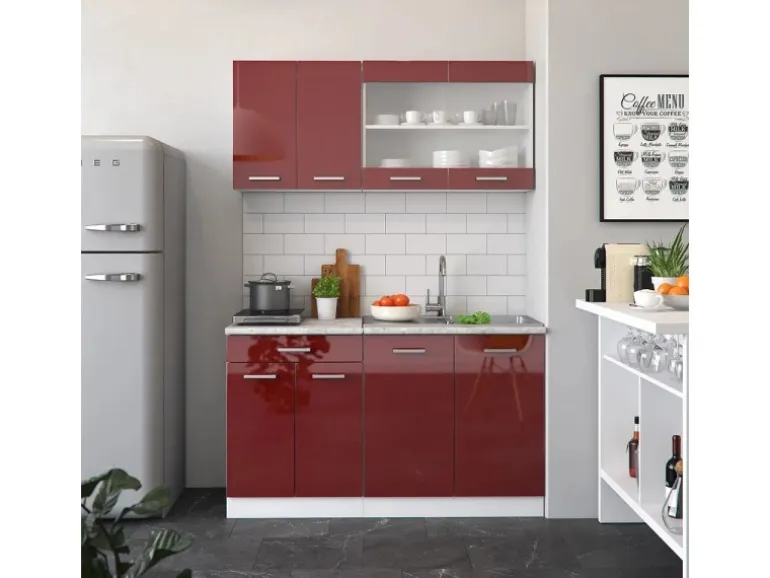 Vicco R-Line Singleküche Bordeaux Hochglanz/Weiß 140 cm AP Marmor ohne E-Geräte