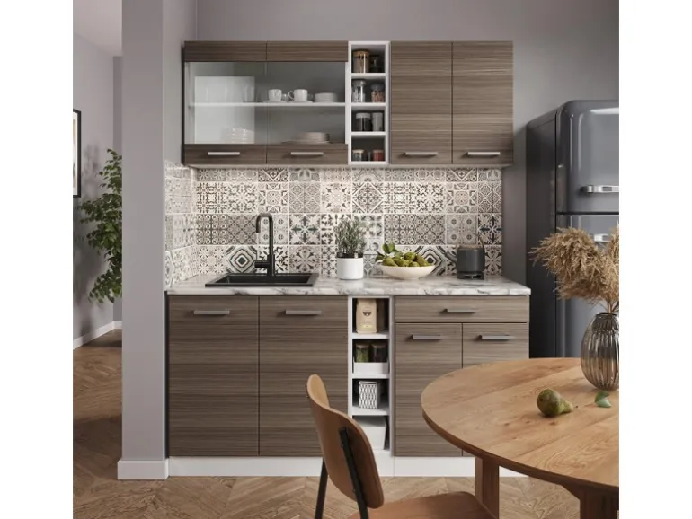 Vicco R-Line Singleküche Edelgrau/Weiß 160 cm AP Marmor ohne E-Geräte