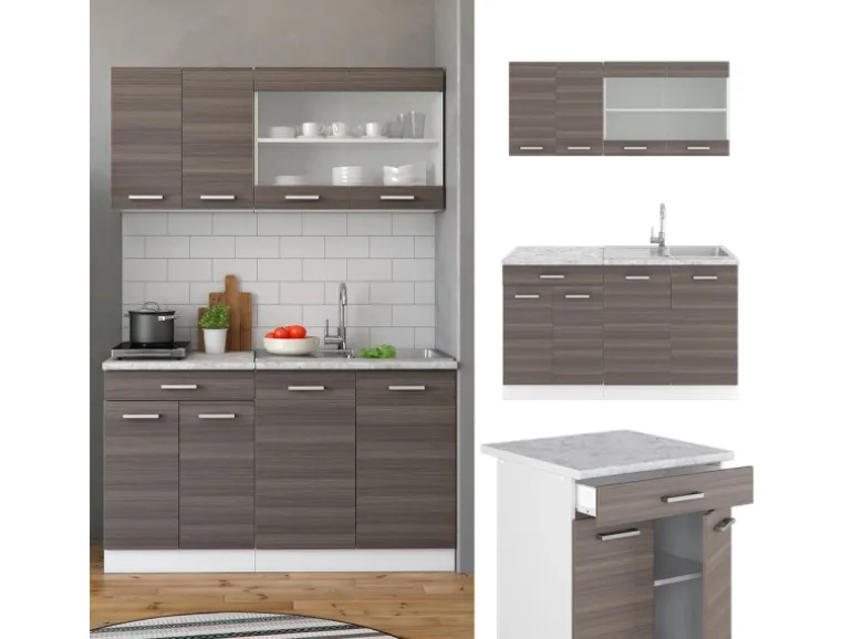 Vicco R-Line Singleküche Edelgrau/Weiß 140 cm AP Eiche ohne E-Geräte