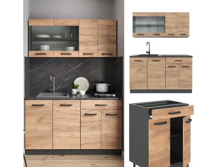 Vicco R-Line Singleküche Goldkraft Eiche/Anthrazit 140 cm ohne Arbeitsplatte ohne E-Geräte