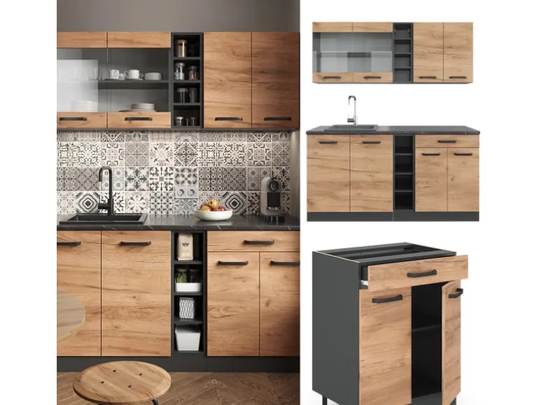 Vicco R-Line SingleKüche Goldkraft Eiche/Anthrazit 160 cm AP Anthrazit Opt 2 ohne E-Geräte