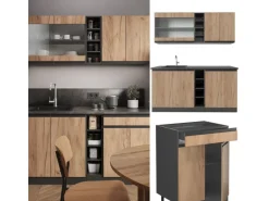 Vicco R-Line Singleküche Goldkraft Eiche/Anthrazit 160 cm AP Marmor ohne E-Geräte