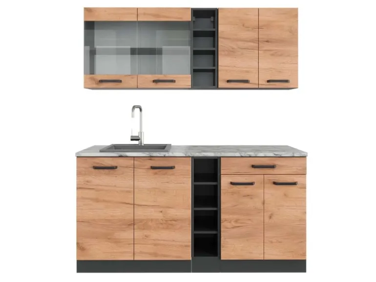 Vicco R-Line Singleküche Goldkraft Eiche/Anthrazit 160 cm AP Marmor ohne E-Geräte