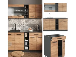 Vicco R-Line Singleküche Goldkraft Eiche/Anthrazit 160 cm AP Marmor ohne E-Geräte