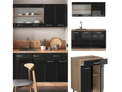 Vicco R-Line Singleküche Schwarz Hochglanz/Goldkraft Eiche 140 cm AP Marmor ohne E-Geräte