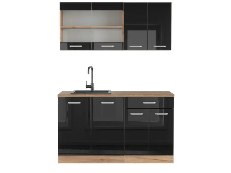 Vicco R-Line Singleküche Schwarz Hochglanz/Goldkraft Eiche 140 cm AP Eiche ohne E-Geräte