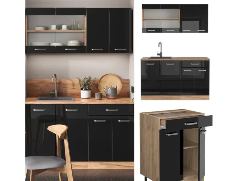 Vicco R-Line Singleküche Schwarz Hochglanz/Goldkraft Eiche 140 cm AP Eiche ohne E-Geräte