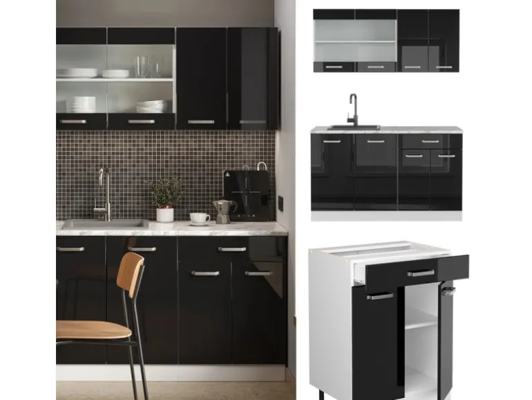 Vicco R-Line Singleküche Schwarz Hochglanz/Weiß 140 cm AP Anthrazit ohne E-Geräte