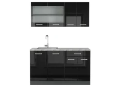 Vicco R-Line Singleküche Schwarz Hochglanz/Anthrazit 140 cm AP Marmor ohne E-Geräte