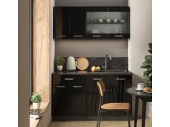 Vicco R-Line Singleküche Schwarz Hochglanz/Anthrazit 140 cm AP Marmor ohne E-Geräte