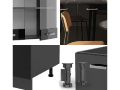 Vicco R-Line Singleküche Schwarz Hochglanz/Anthrazit 140 cm AP Marmor ohne E-Geräte