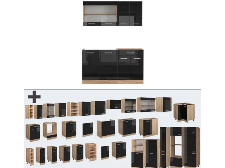 Vicco R-Line Singleküche Schwarz Hochglanz/Goldkraft Eiche 140 cm ohne Arbeitsplatte ohne E-Geräte