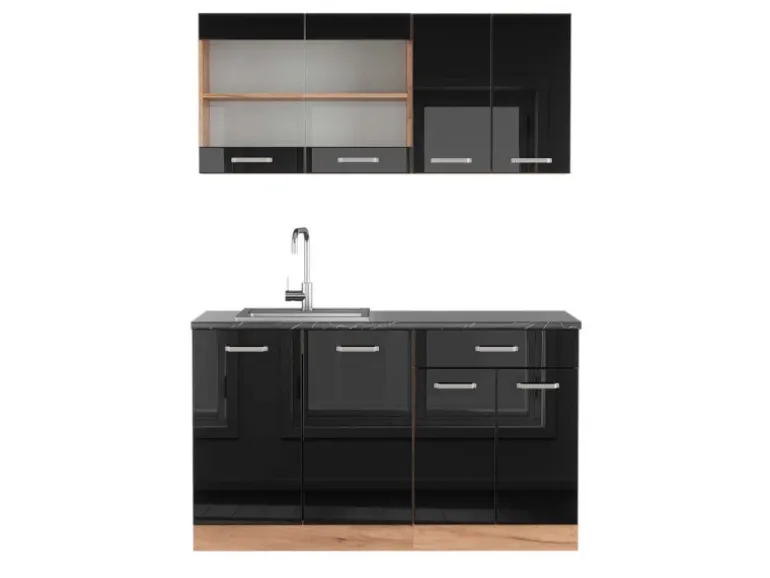 Vicco R-Line Singleküche Schwarz Hochglanz/Goldkraft Eiche 140 cm AP Anthrazit ohne E-Geräte