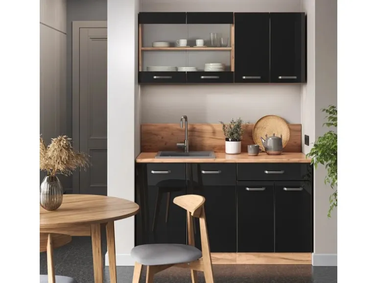 Vicco R-Line Singleküche Schwarz Hochglanz/Goldkraft Eiche 140 cm AP Anthrazit ohne E-Geräte