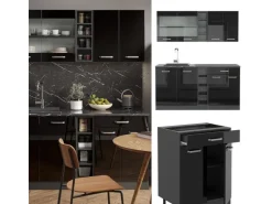 Vicco R-Line Singleküche Schwarz Hochglanz/Anthrazit 160 cm AP Marmor ohne E-Geräte